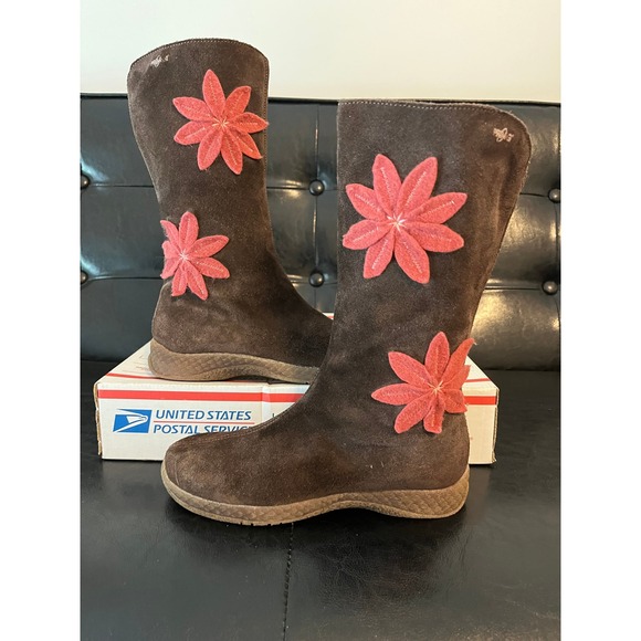 Primigi Shoes - Primigi Brown Suede Tall Boots Pink Flower Applique Leather Lining EU 34